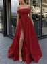 A Line Wine Red Off the Shoulder Satin Prom Dresses with Slit LBQ2306